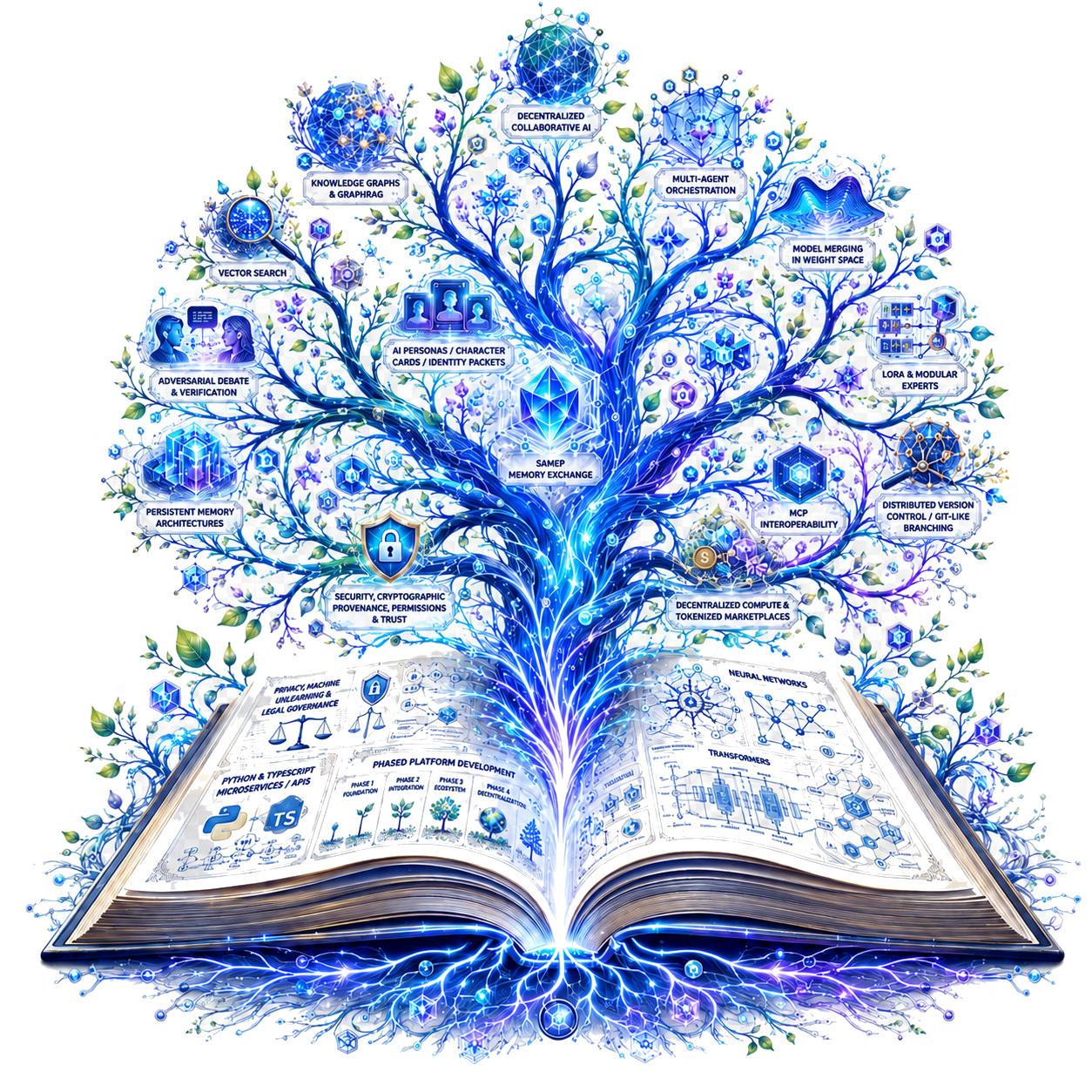 Illustrated NeuralWikis ecosystem map growing from an open book with branches for memory, identity, protocols, provenance, and orchestration.